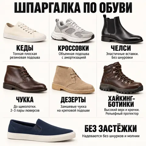 Шпаргалка по мужской обуви: кеды, кроссовки, челси, чукка, дезерты, хайкинг-ботинки и модели без застежки