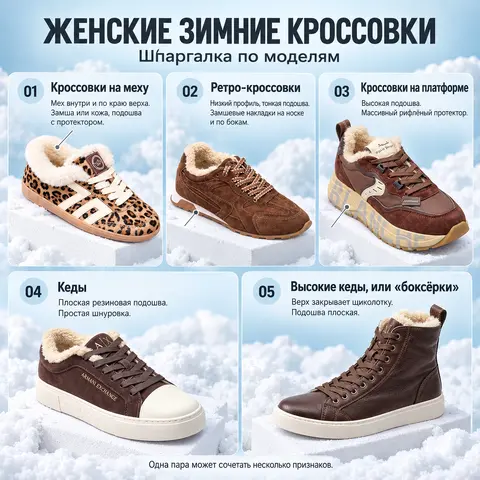 Шпаргалка по женским зимним кроссовкам: кроссовки на меху, ретро-кроссовки, кроссовки на платформе, кеды и высокие кеды