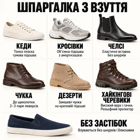 Шпаргалка з чоловічого взуття: кеди, кросівки, челсі, чукка, дезерти, хайкінгові черевики і моделі без застібок